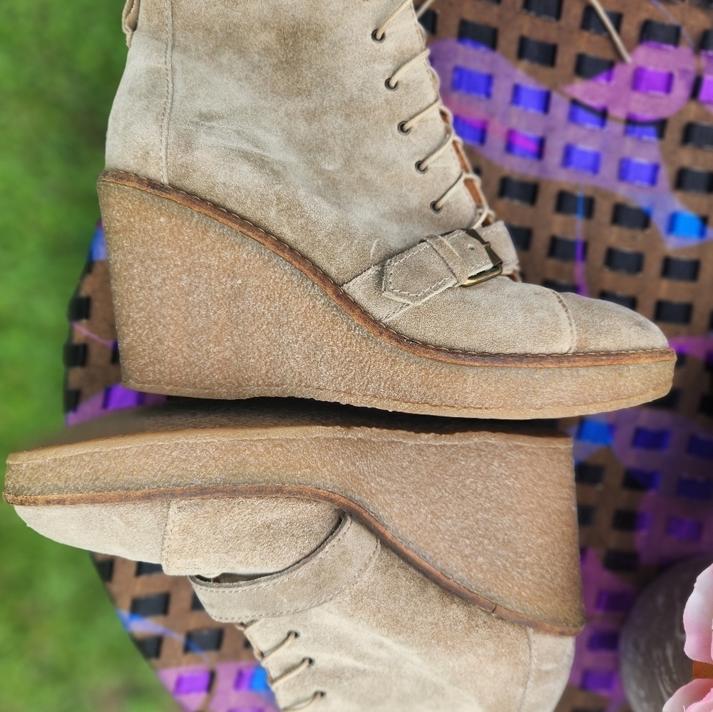 Madewell Suede Lace Up WEDGE Booties MONK strap Buckle 3.5" HEIGHT SZ 9.5 - Picture 7 of 15